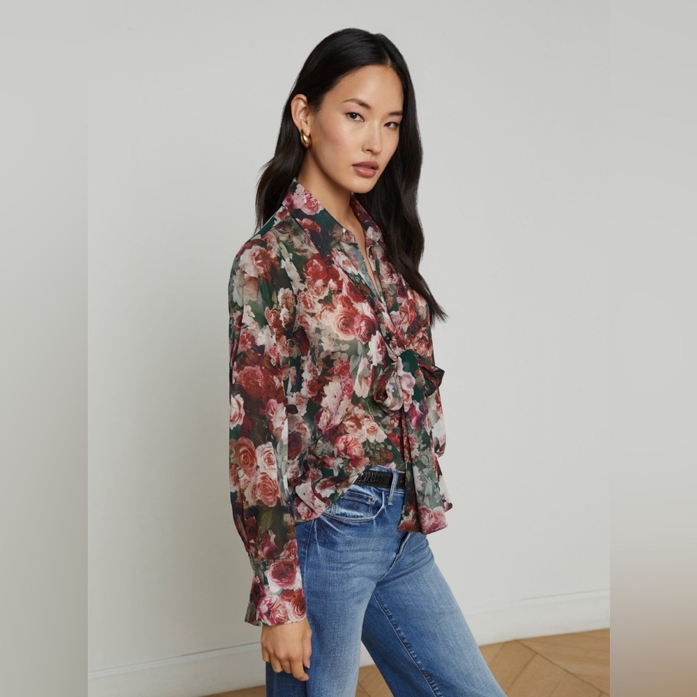 NWT L'agence Basil Floral Long Sleeve Shirt with Scarf - Picture 3 of 7